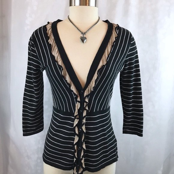 Cabi “The Flirt“ Striped Ruffle Career Work Cardigan Size S - Picture 2 of 6